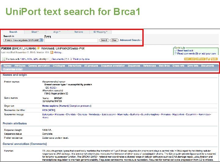 Uni. Port text search for Brca 1 26 EBI Overview 