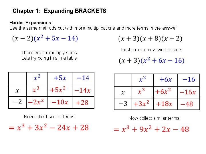 Chapter 1: Expanding BRACKETS Harder Expansions Use the same methods but with more multiplications