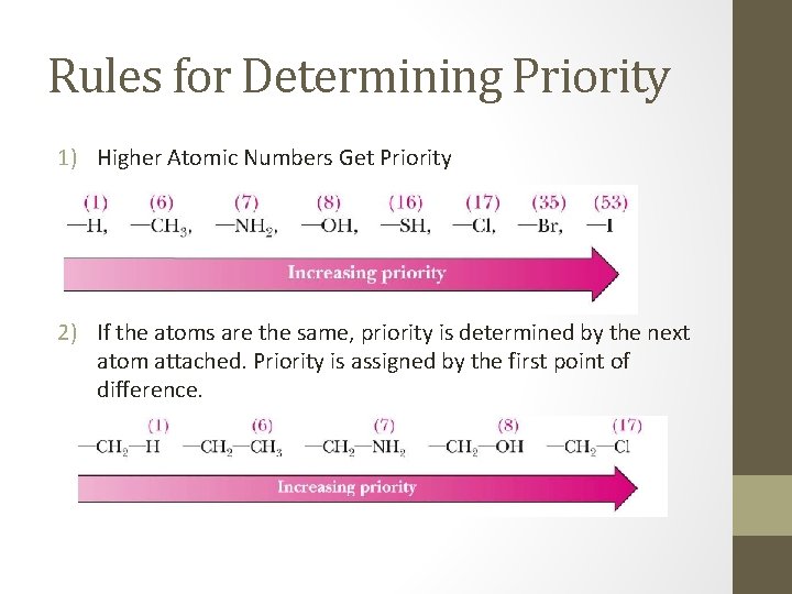 Rules for Determining Priority 1) Higher Atomic Numbers Get Priority 2) If the atoms