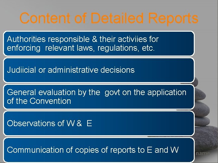 Content of Detailed Reports Authorities responsible & their activiies for enforcing relevant laws, regulations,