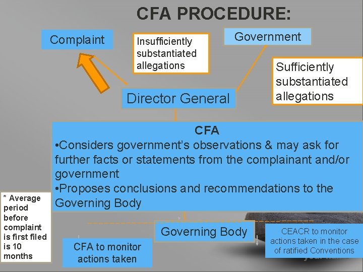 CFA PROCEDURE: Complaint Insufficiently substantiated allegations Government Director General * Average period before complaint