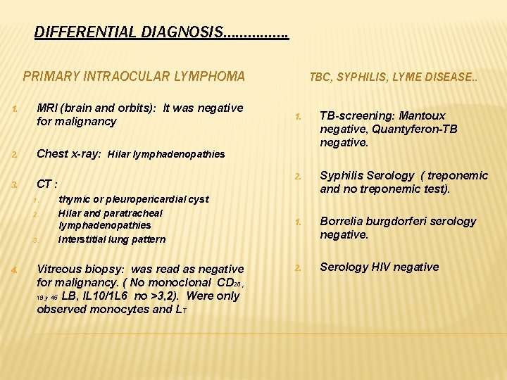 DIFFERENTIAL DIAGNOSIS……………. PRIMARY INTRAOCULAR LYMPHOMA 1. MRI (brain and orbits): It was negative for