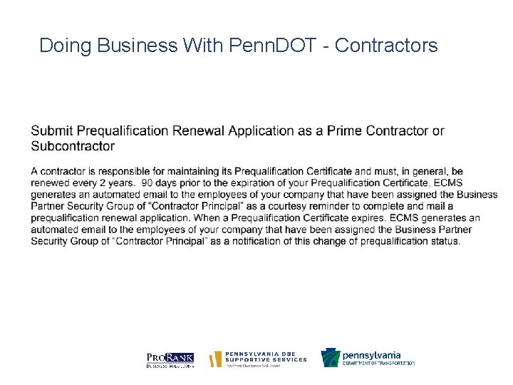 Doing Business With Penn. DOT - Contractors 
