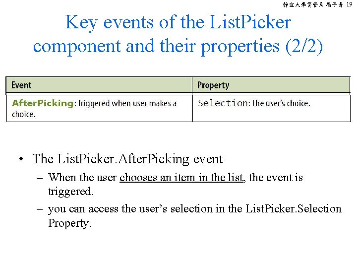 靜宜大學資管系 楊子青 19 Key events of the List. Picker component and their properties (2/2)