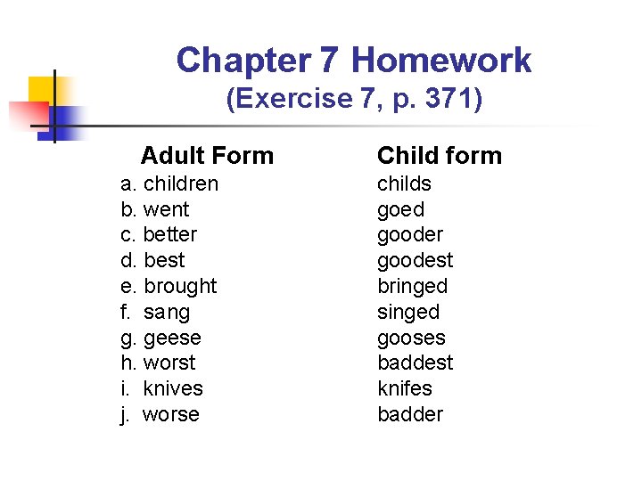 Chapter 7 Homework (Exercise 7, p. 371) Adult Form a. children b. went c.