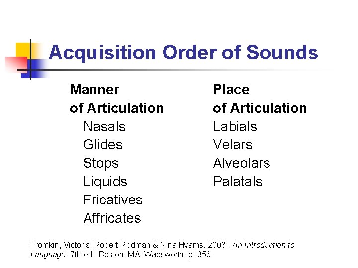 Acquisition Order of Sounds Manner of Articulation Nasals Glides Stops Liquids Fricatives Affricates Place Acquisition Order of Sounds Manner of Articulation Nasals Glides Stops Liquids Fricatives Affricates Place