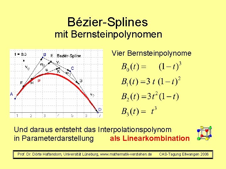 Bézier-Splines mit Bernsteinpolynomen Vier Bernsteinpolynome Und daraus entsteht das Interpolationspolynom als Linearkombination in Parameterdarstellung
