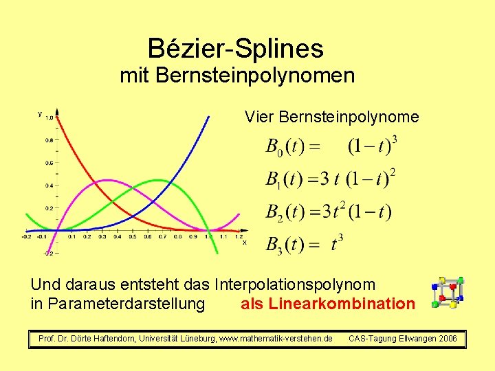 Bézier-Splines mit Bernsteinpolynomen Vier Bernsteinpolynome Und daraus entsteht das Interpolationspolynom als Linearkombination in Parameterdarstellung