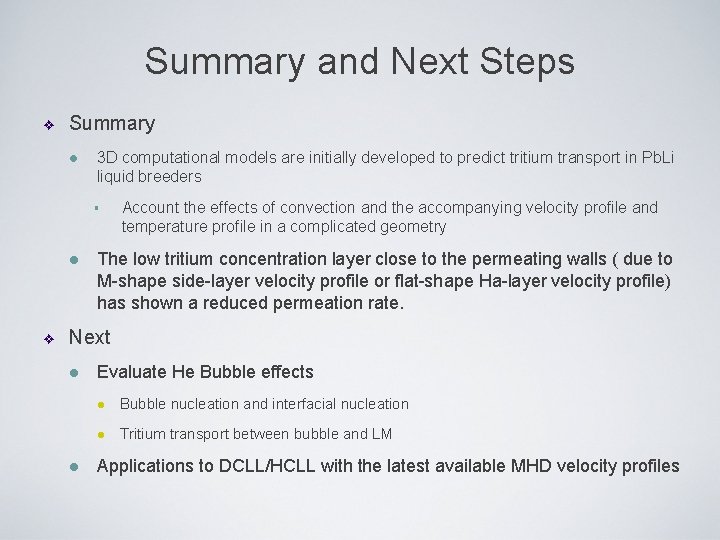 Summary and Next Steps ❖ Summary l 3 D computational models are initially developed