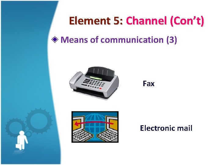 Element 5: Channel (Con’t) Means of communication (3) Fax Electronic mail 