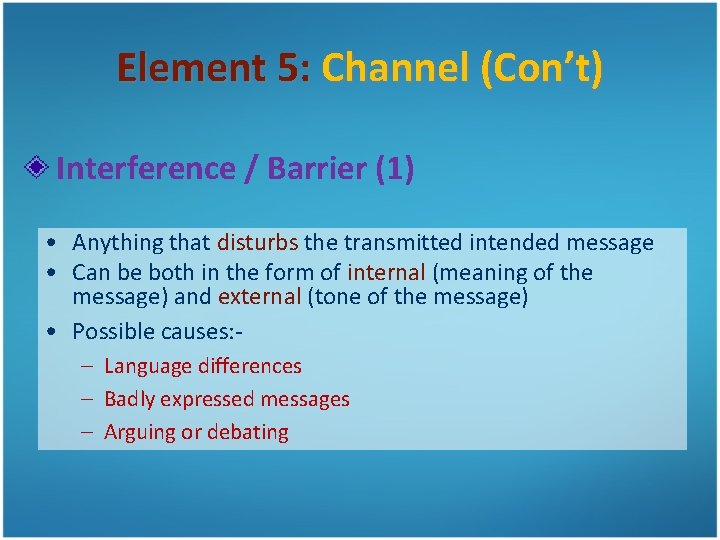 Element 5: Channel (Con’t) Interference / Barrier (1) • Anything that disturbs the transmitted