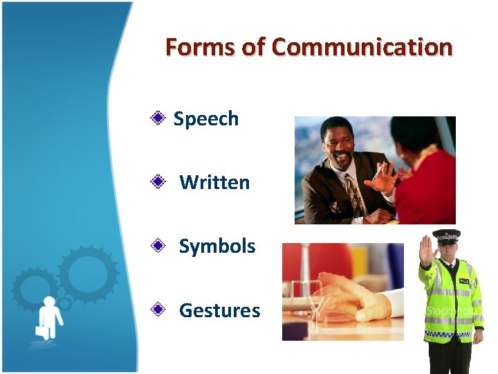 Forms of Communication Speech Written Symbols Gestures 
