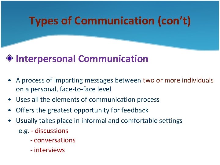 Types of Communication (con’t) Interpersonal Communication • A process of imparting messages between two