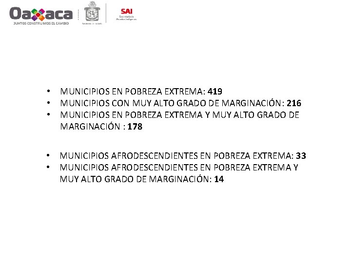  • MUNICIPIOS EN POBREZA EXTREMA: 419 • MUNICIPIOS CON MUY ALTO GRADO DE