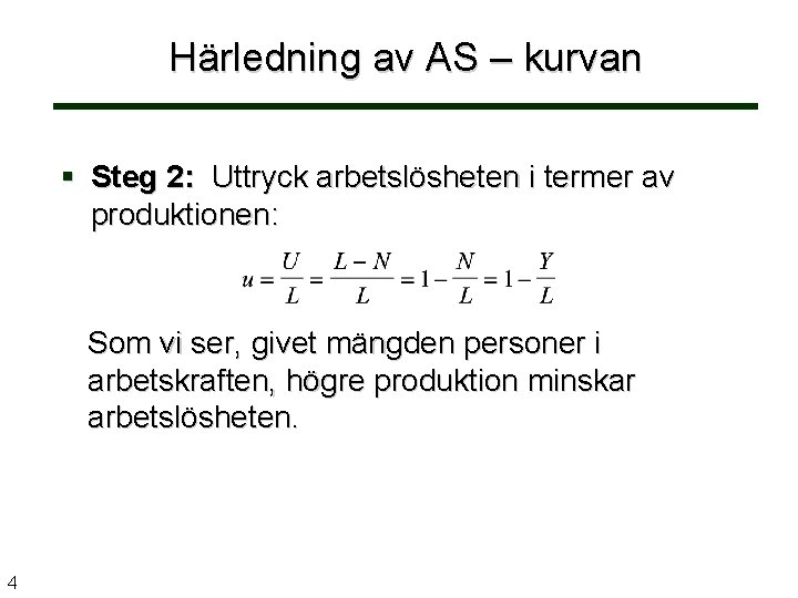 Härledning av AS – kurvan Steg 2: Uttryck arbetslösheten i termer av produktionen: Som