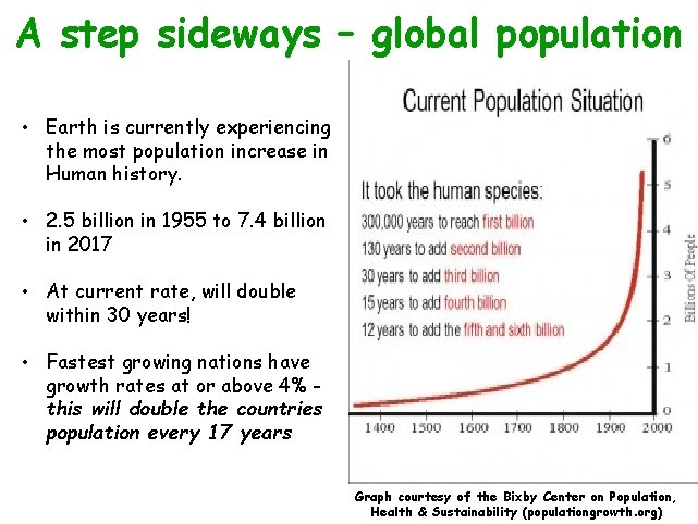 A step sideways – global population • Earth is currently experiencing the most population