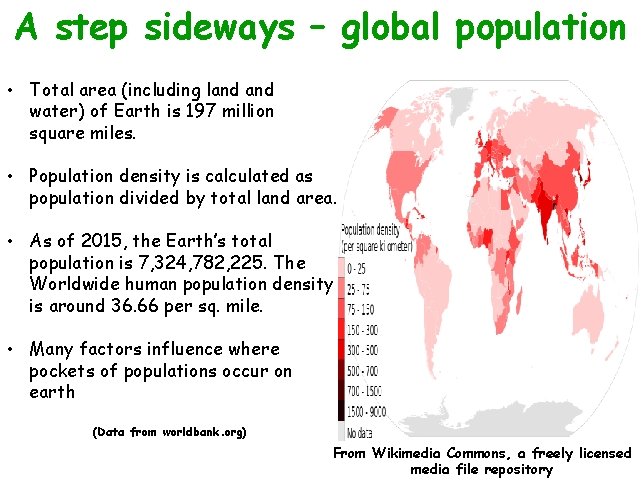 A step sideways – global population • Total area (including land water) of Earth