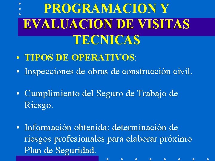 PROGRAMACION Y EVALUACION DE VISITAS TECNICAS • TIPOS DE OPERATIVOS: • Inspecciones de obras