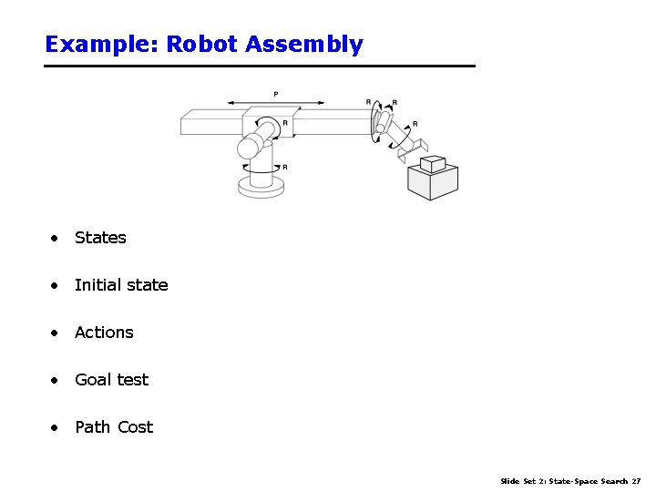 Example: Robot Assembly • States • Initial state • Actions • Goal test •