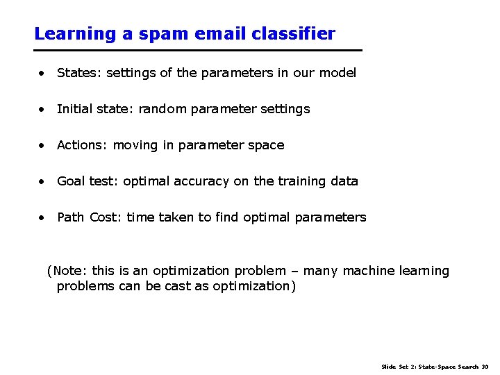 Learning a spam email classifier • States: settings of the parameters in our model