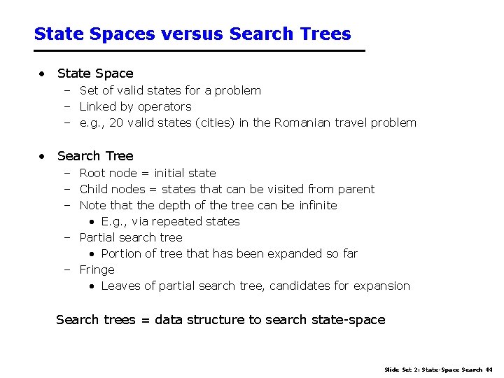 State Spaces versus Search Trees • State Space – Set of valid states for