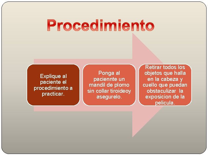 Explique al paciente el procedimiento a practicar. Ponga al paciennte un mandil de plomo