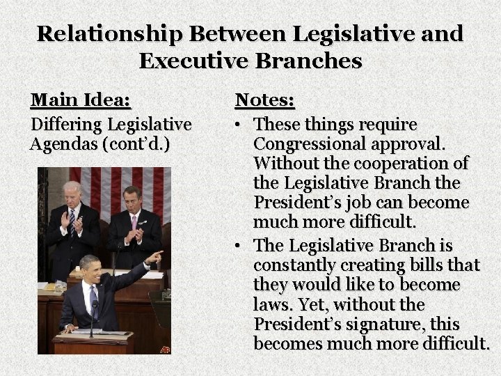 Relationship Between Legislative and Executive Branches Main Idea: Differing Legislative Agendas (cont’d. ) Notes: