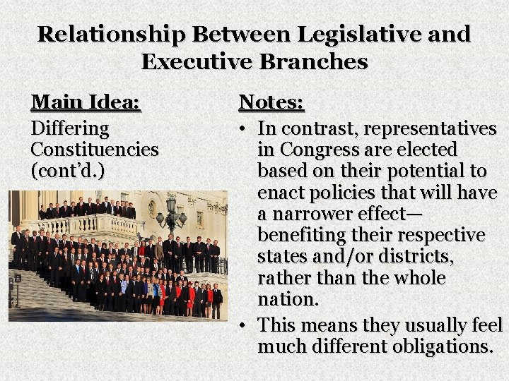 Relationship Between Legislative and Executive Branches Main Idea: Differing Constituencies (cont’d. ) Notes: •