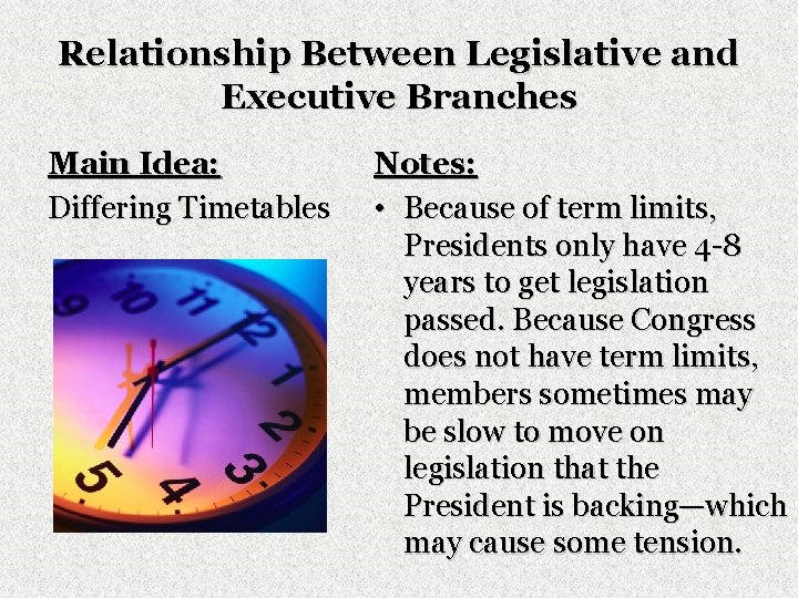 Relationship Between Legislative and Executive Branches Main Idea: Differing Timetables Notes: • Because of