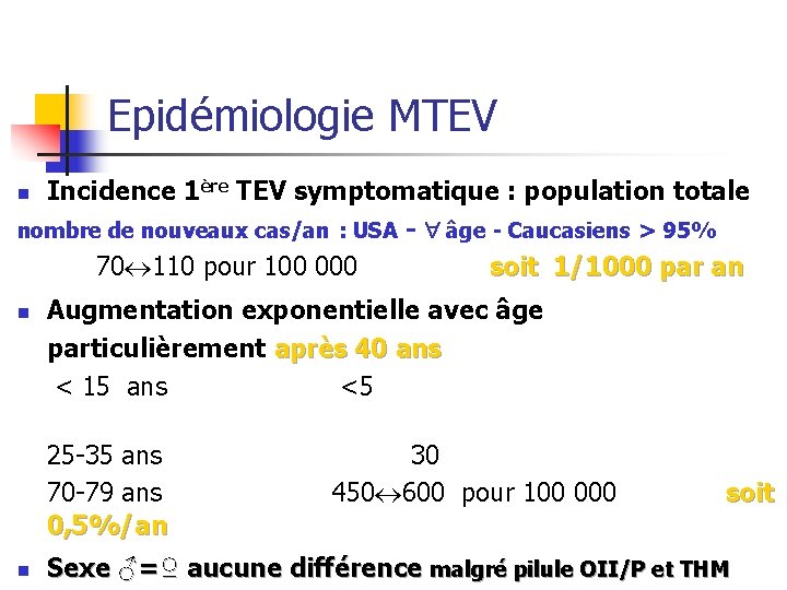 Epidémiologie MTEV Incidence 1ère TEV symptomatique : population totale nombre de nouveaux cas/an :