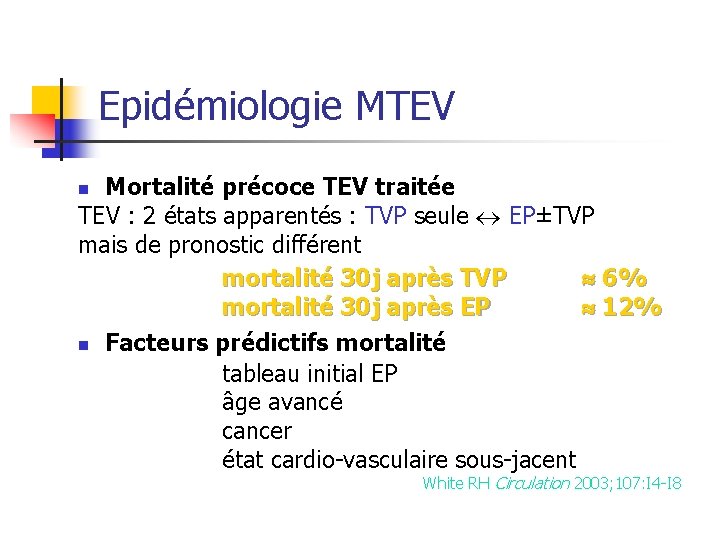 Epidémiologie MTEV Mortalité précoce TEV traitée TEV : 2 états apparentés : TVP seule