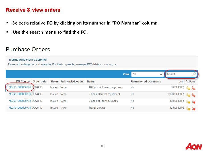 Receive & view orders § Select a relative PO by clicking on its number