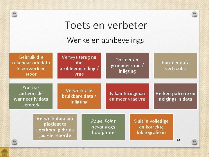 Toets en verbeter Wenke en aanbevelings Gebruik die rekenaar om data te verwerk en