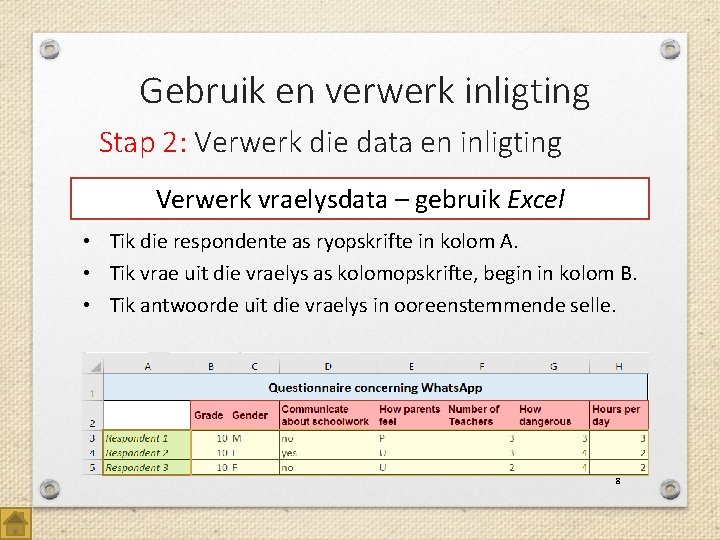 Gebruik en verwerk inligting Stap 2: Verwerk die data en inligting Verwerk vraelysdata –