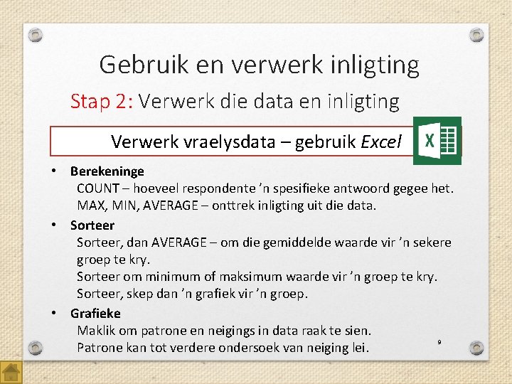 Gebruik en verwerk inligting Stap 2: Verwerk die data en inligting Verwerk vraelysdata –