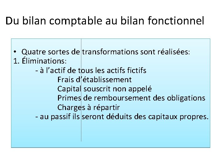 Du bilan comptable au bilan fonctionnel • Quatre sortes de transformations sont réalisées: 1.