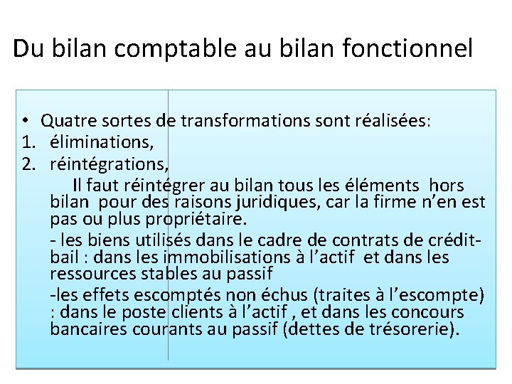 Du bilan comptable au bilan fonctionnel • Quatre sortes de transformations sont réalisées: 1.