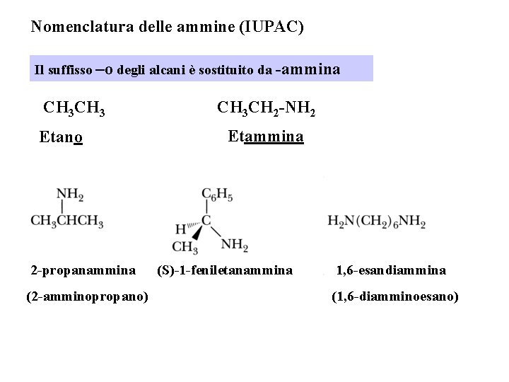 Nomenclatura delle ammine (IUPAC) Il suffisso –o degli alcani è sostituito da -ammina CH