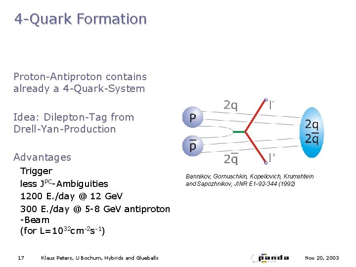 4 -Quark Formation Proton-Antiproton contains already a 4 -Quark-System Idea: Dilepton-Tag from Drell-Yan-Production Advantages