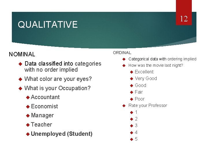 12 QUALITATIVE ORDINAL NOMINAL Data classified into categories with no order implied Categorical data