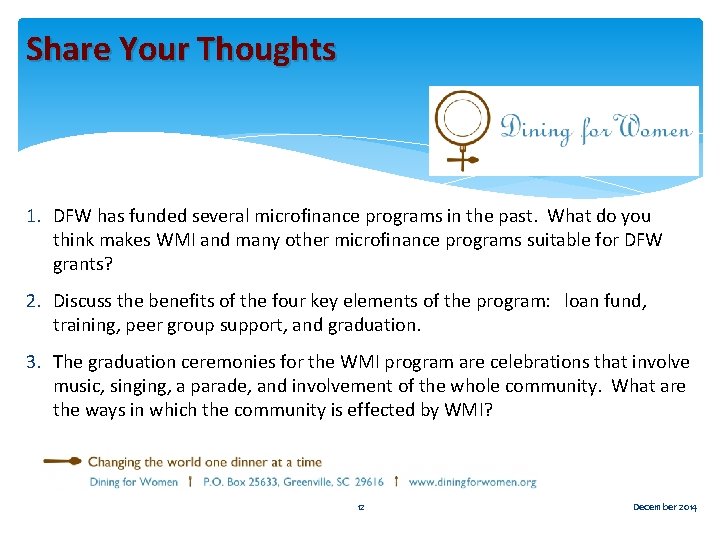 Share Your Thoughts 1. DFW has funded several microfinance programs in the past. What