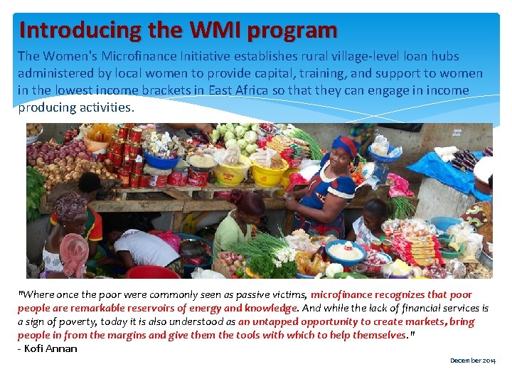 Introducing the WMI program The Women's Microfinance Initiative establishes rural village-level loan hubs administered