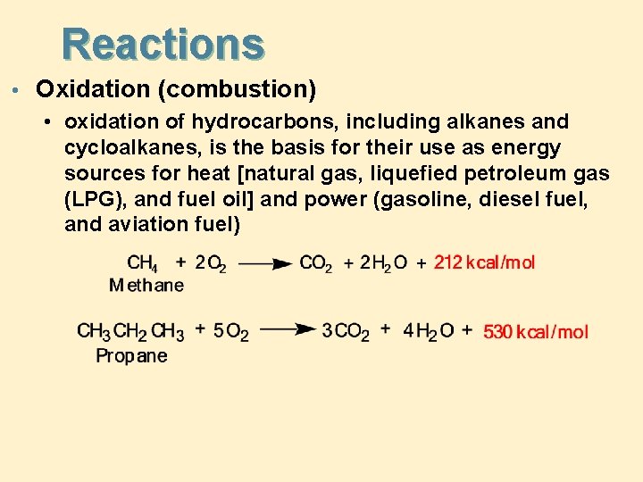 Reactions • Oxidation (combustion) • oxidation of hydrocarbons, including alkanes and cycloalkanes, is the