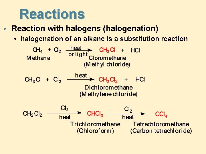 Reactions • Reaction with halogens (halogenation) • halogenation of an alkane is a substitution