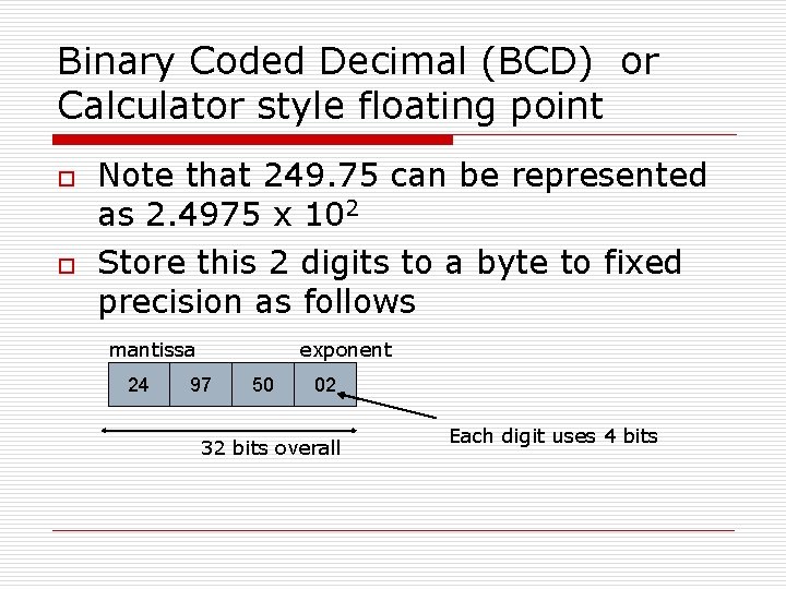 Binary Coded Decimal (BCD) or Calculator style floating point o o Note that 249.