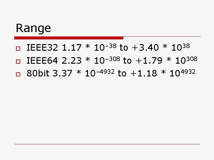 Range o o o IEEE 32 1. 17 * 10– 38 to +3. 40
