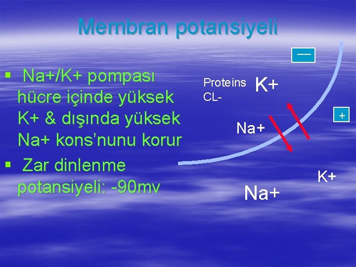 Membran potansiyeli § Na+/K+ pompası hücre içinde yüksek K+ & dışında yüksek Na+ kons’nunu