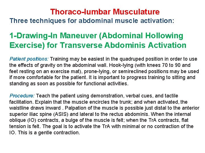 Thoraco-lumbar Musculature Three techniques for abdominal muscle activation: 1 -Drawing-In Maneuver (Abdominal Hollowing Exercise)