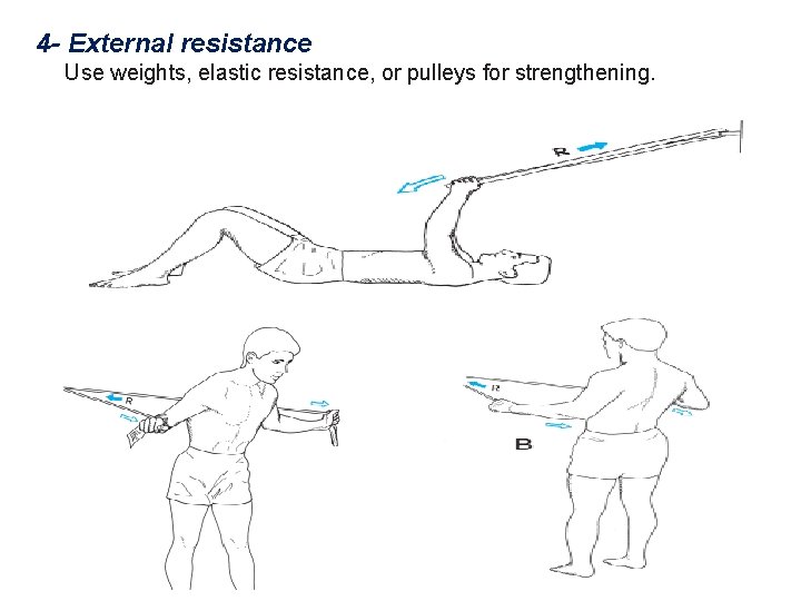 4 - External resistance Use weights, elastic resistance, or pulleys for strengthening. 