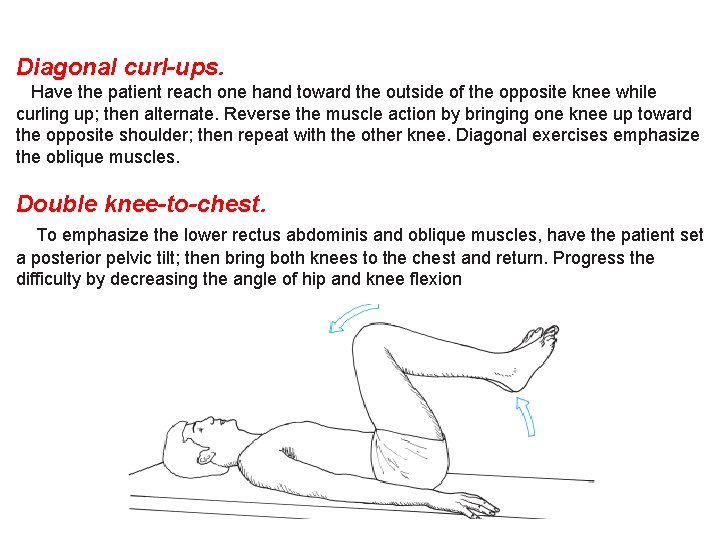 Diagonal curl-ups. Have the patient reach one hand toward the outside of the opposite